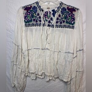 Free People Embroidered Peasant Blouse Balloon Sleeves Tie Front, white XS